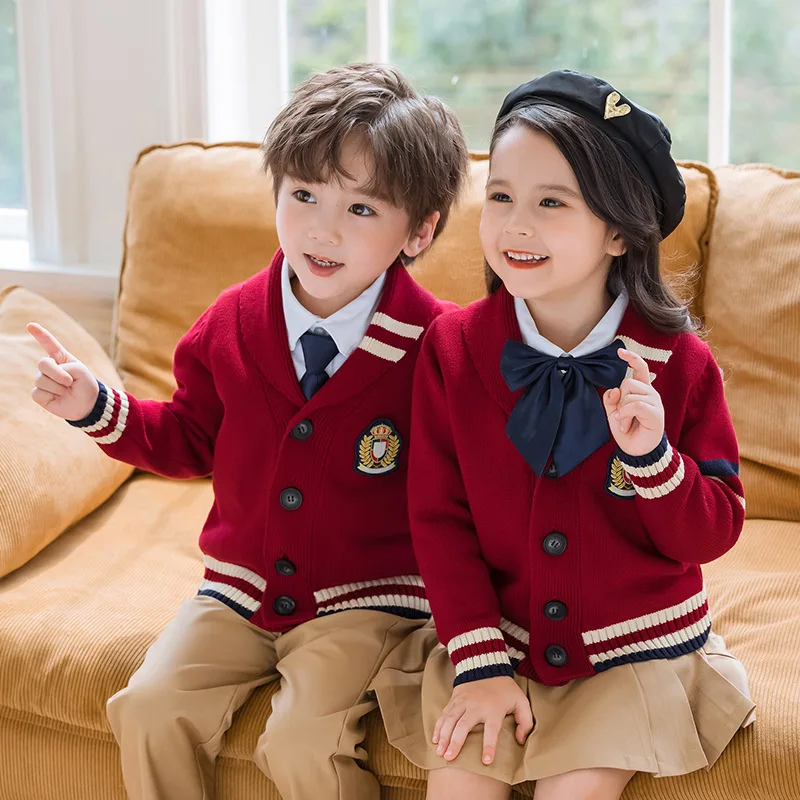 Factory Custom Kindergarten uniforms college varsity academy cardigan sweater set elementary school uniforms