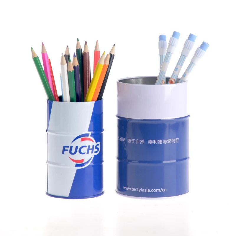 
oil drum shape cool metal tin pencil holder 