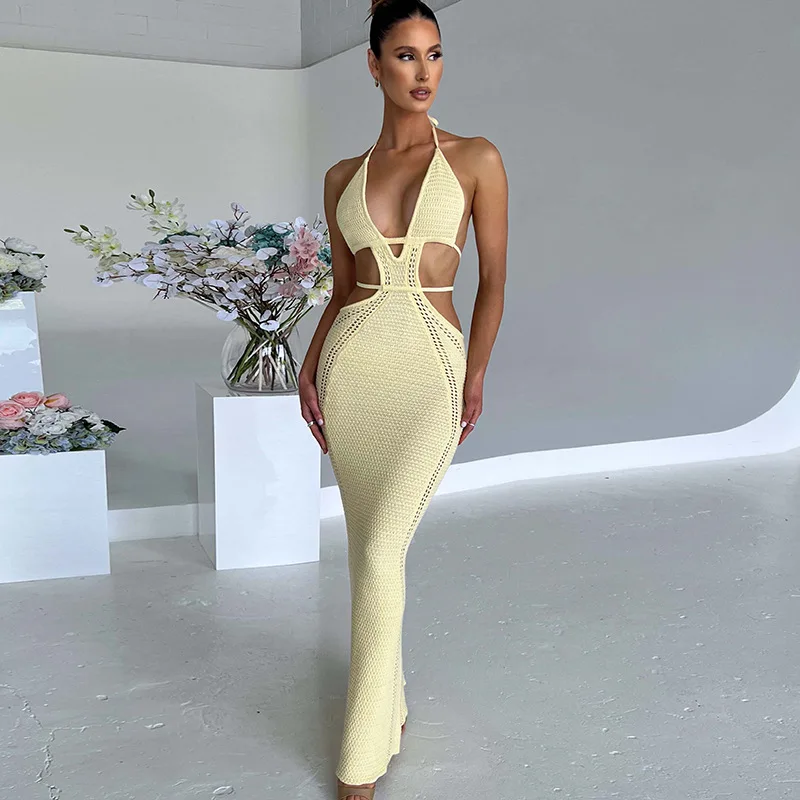 L31146 - ladies summer new fashion sexy backless knitted long elegant dresses