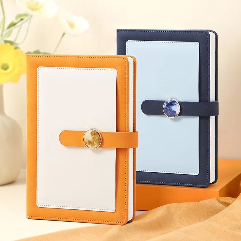 Customized logo Page Design Print PU Leather Notebook A5 Beige Hard Cover 96 Sheets with Pen Loop and Pocket