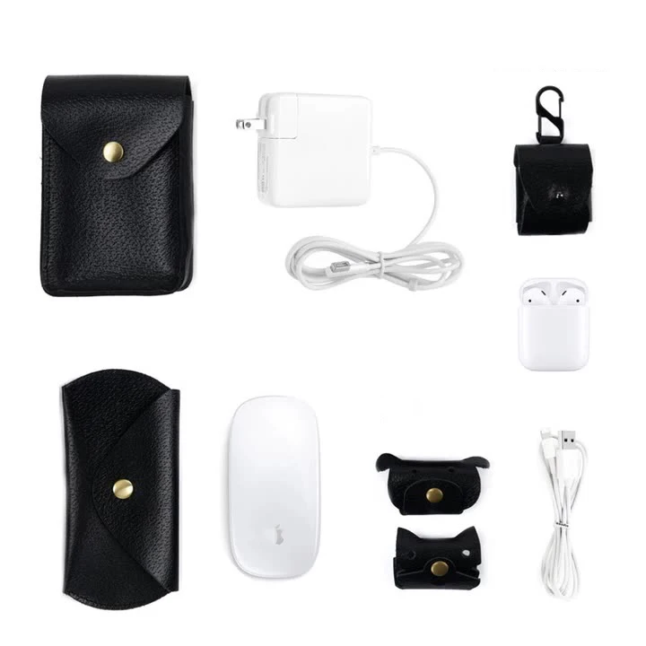 Head Layer Cowhide Leather Mouse Storage Universal Charger Data Cable Zero Wallet Apple Bluetooth Earphones Anti Drop Stock