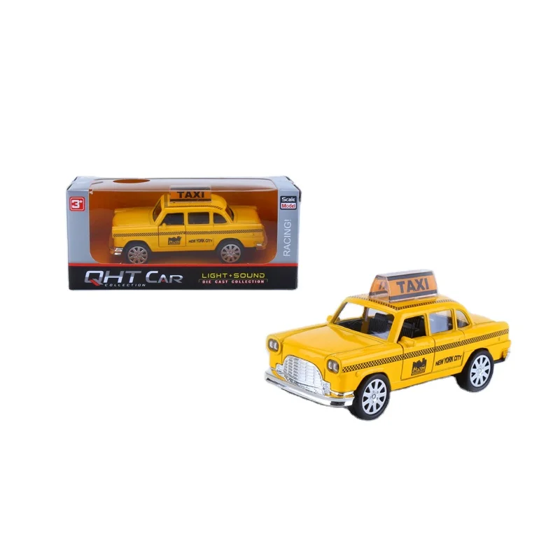1:32 pull back die cast model toy yellow taxi car W/light and music for kids