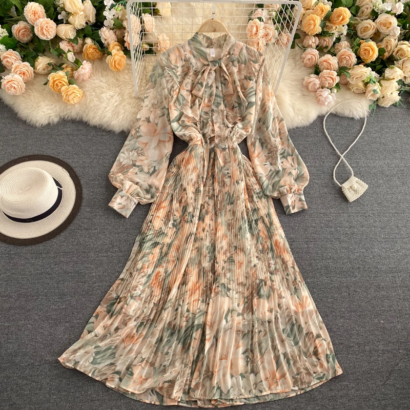 Wholesale Spring Fall Women Long Sleeve Printing Maxi Casual Pleats Dresses For Ladies