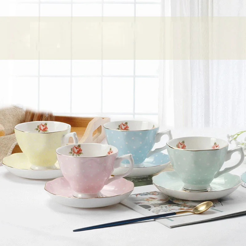 200ml Bone China Coffee Cup Mugs Saucer Set Custom Design luxury Ceramic Flowers Mug Plates for Afternoon Tea