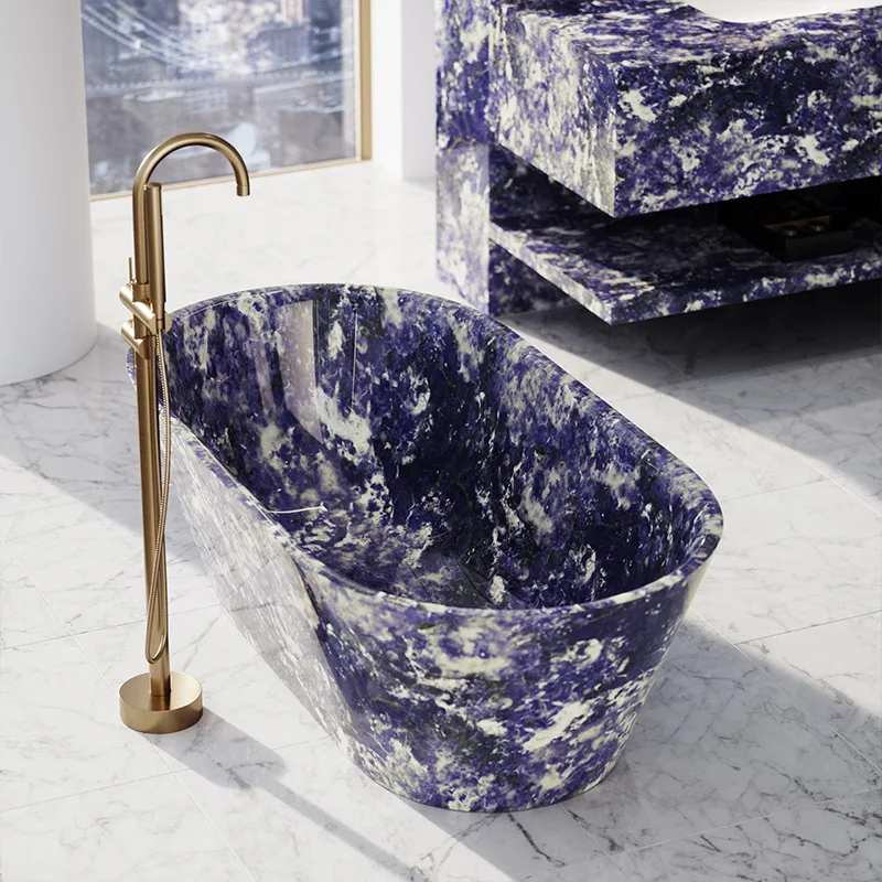 HZX Oval Shape New Design Italian blue Carve Marble Bathtub Interior Bathroom Honed Bathtub