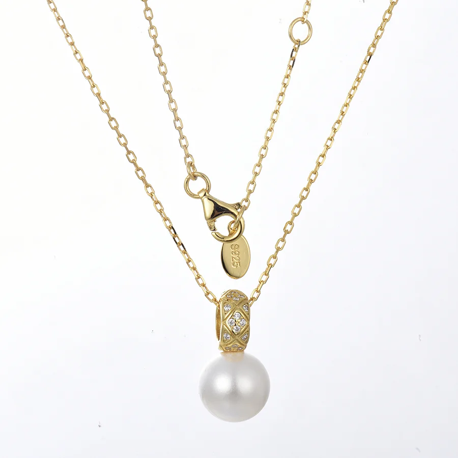 Carline Fine Jewelry 925 Sterling Silver Freshwater Shell Pearl Necklace Zircon Gems Flat Back Oval Pearl Necklace Jewelry