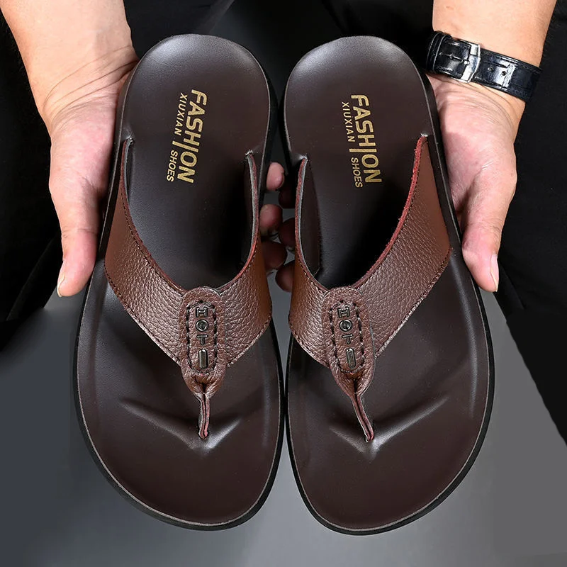 2024 Men Pu Leather Summer Slippers New Fashion Flip-Flops Sandals Beach Shoes Breathable Non-slip Casual Flat Slippers