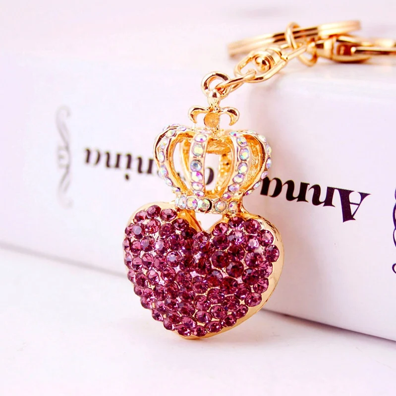 Low MOQ Promotional Rhinestones colorful Crown Heart Shaped Lover Car Metal keychain