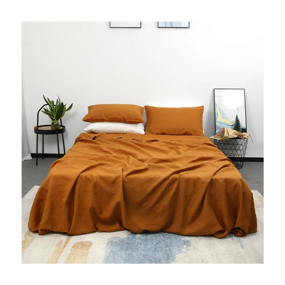 Terracotta Cotton linen sheets set Custom 100% French flax Linen Fabric bedding Wholesale Luxury Linen bed sheets bedding set