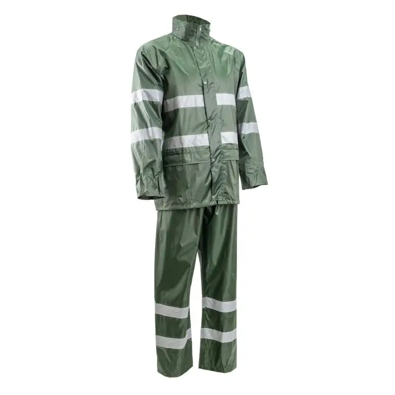 Active OEM polyester PVC waterproof men rainsuit with reflective bands rainwear