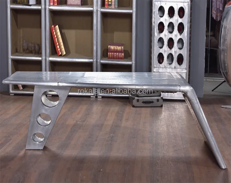 Aluminum Rivets Office Desk Console Antique Loft Aviation Furniture Spitfire Vintage Industrial Wing Computer Desk