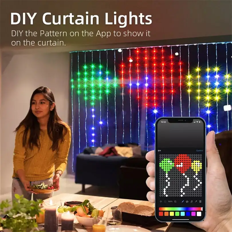 Color Changing Curtain Lights with Music Sync APP Remote Control, Smart Curtain Lights RGB Built in Chip