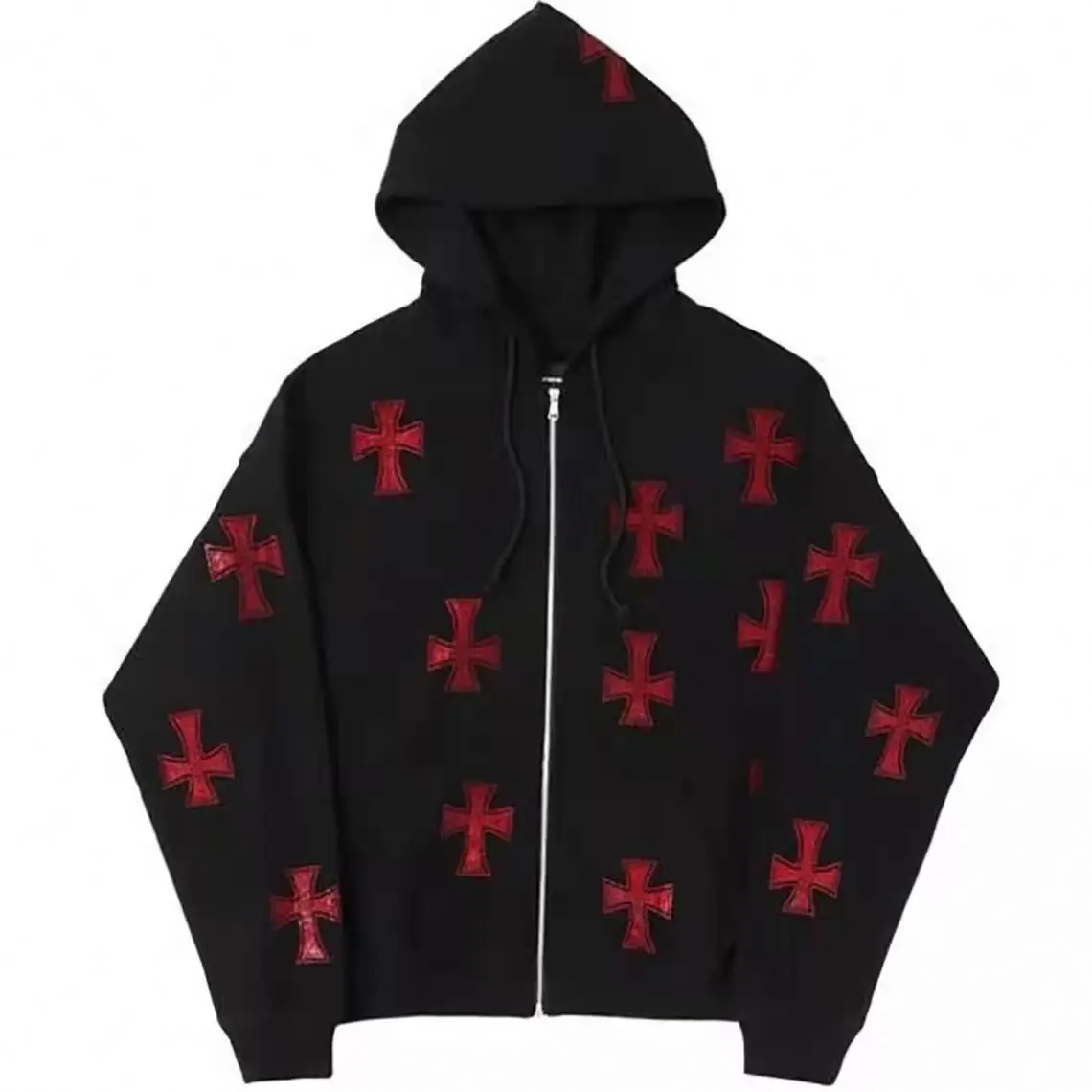 high quality 100% cotton men supplier custom shining zip up cross bling rhinestone studded hoodie with logo