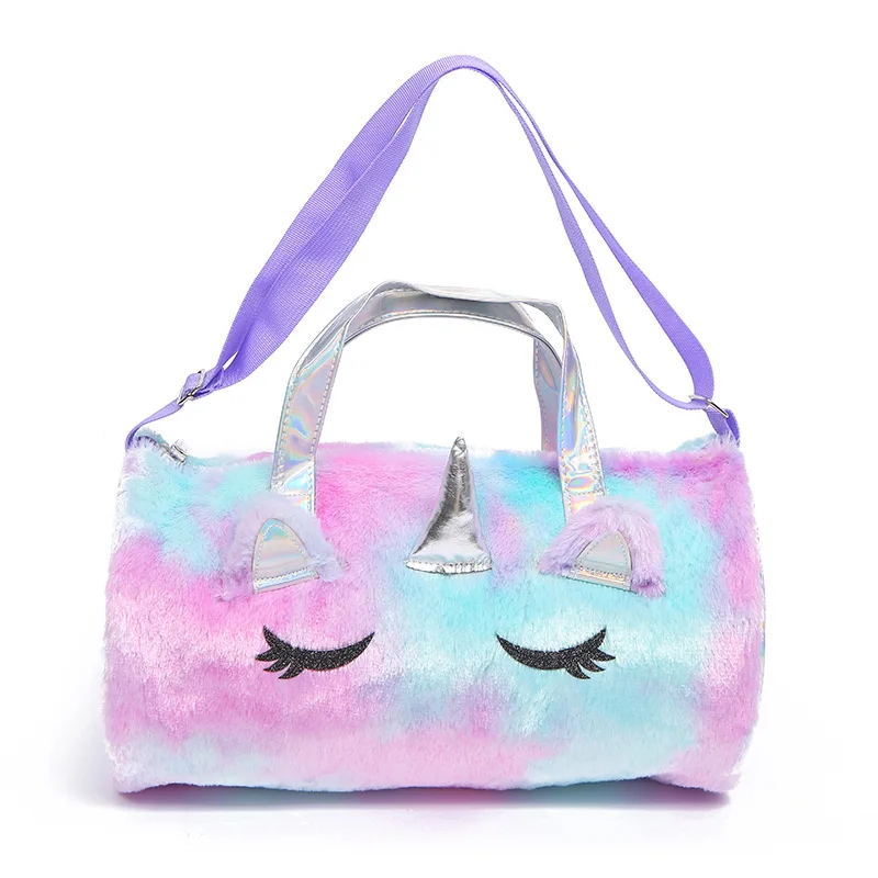 Cheap Kids Cute Cartoon Women Stylish Rainbow Unicorn Purple PU Plush Unicorn Duffle bag GYM Pink duffle bag Plush travel bag