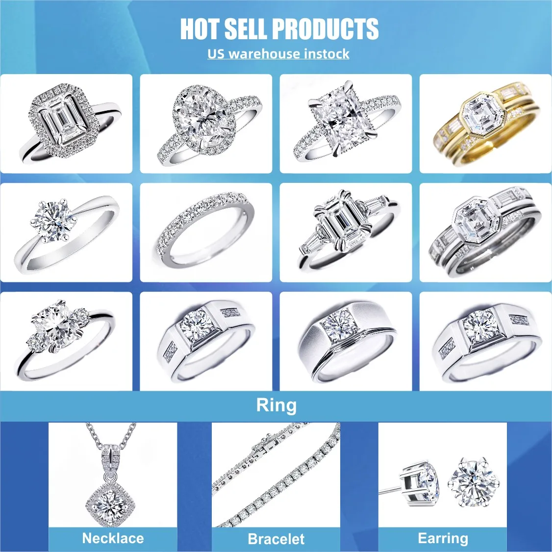 USA stock dropshipping 1ct 925 silver 18k gold plated fashion jewelry women vvs moissanite wedding rings