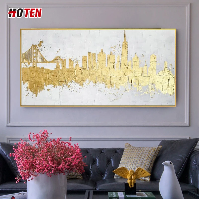 100% contemporary gold foil handmade modern wall art painting urban landscape