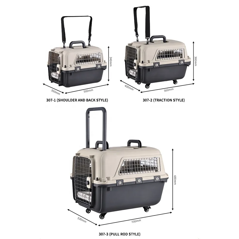 Multi Size Durable Travel Pet Carrier Outdoor Portable Airline Pet Cage Plastic Kennel Wheel Pet Cage Carrier With trolley