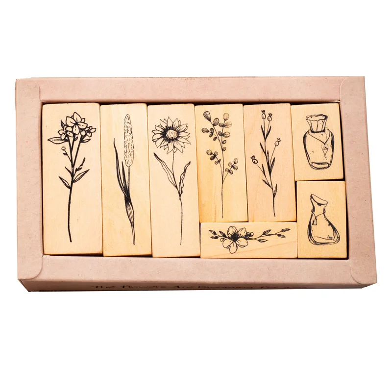 Wholesale creative retro plant Plant Vase rubber diary DIY decorative printing floral wooden stamp seal set