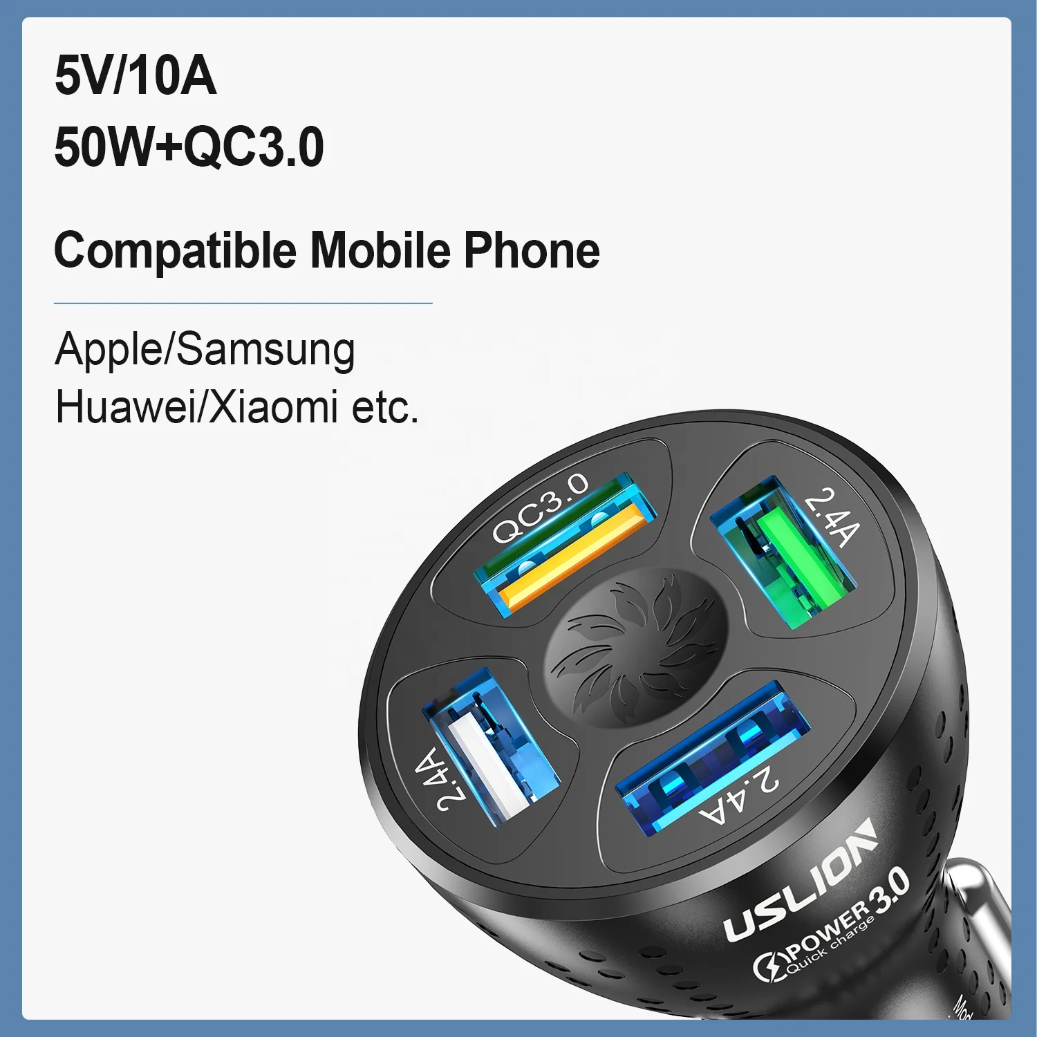 USLION 50W 4 Ports USB Car Charger QC3.0 Mini Fast Charging For iPhone 13 12 11 Huawei Phone Charger Adapter in Car Accessories