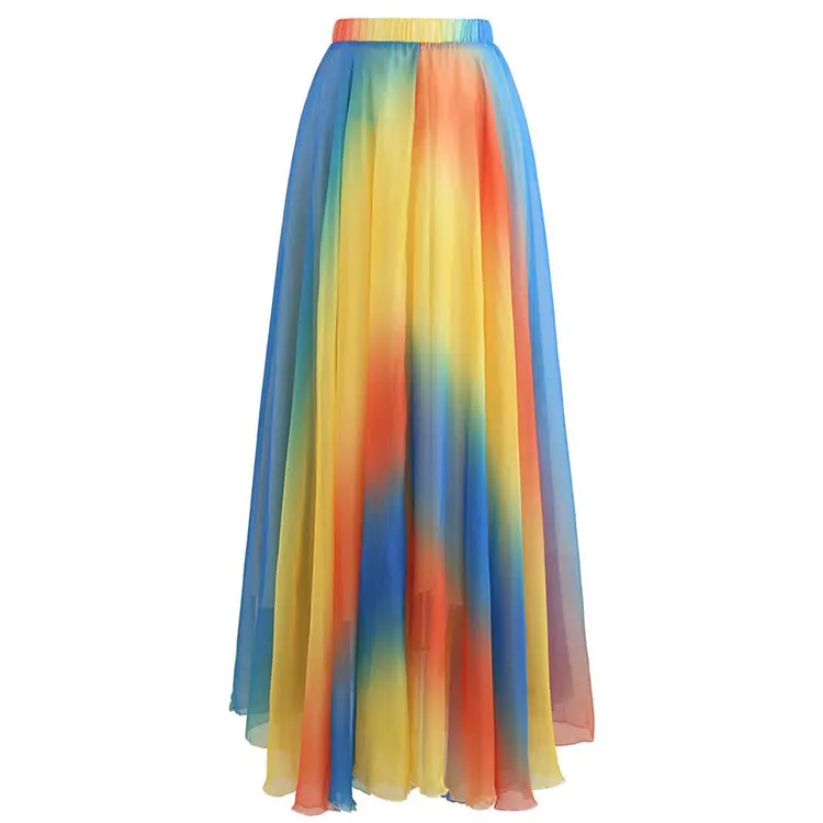 high quality trendy vacation rainbow casual wear colorful beach skirts mujer fashion tie dye chiffon gossamer maxi skirt