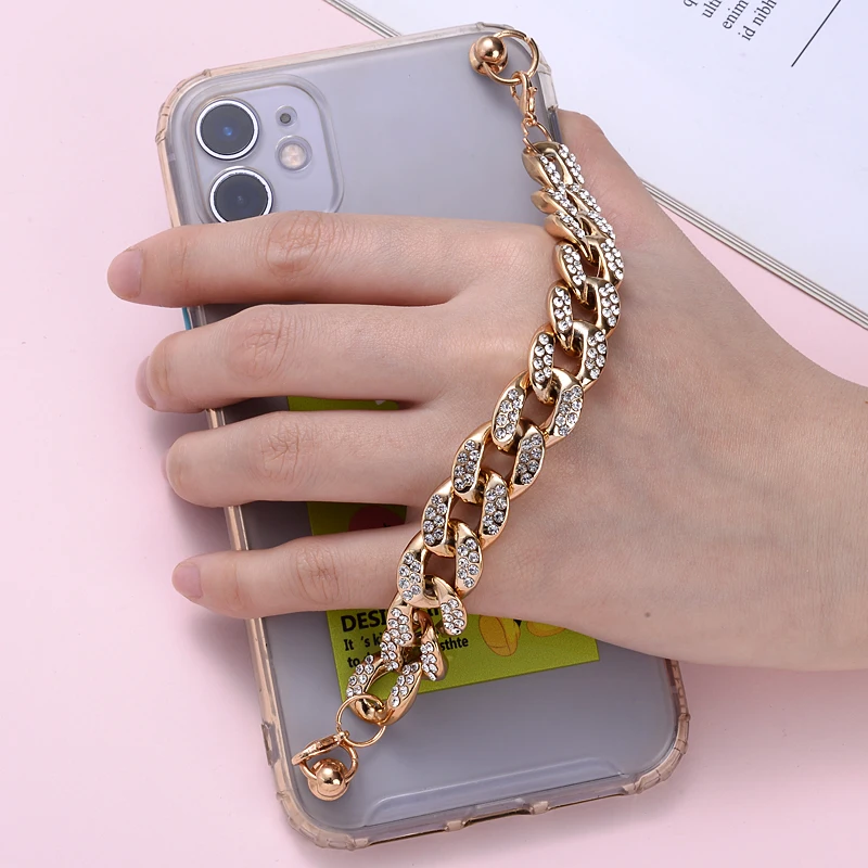 Women  crystal Gold Silver Colors Acrylic Mobile Phone Chain DIY Phone Lanyard Key Beaded Pendant Hold Straps Gift Accessories