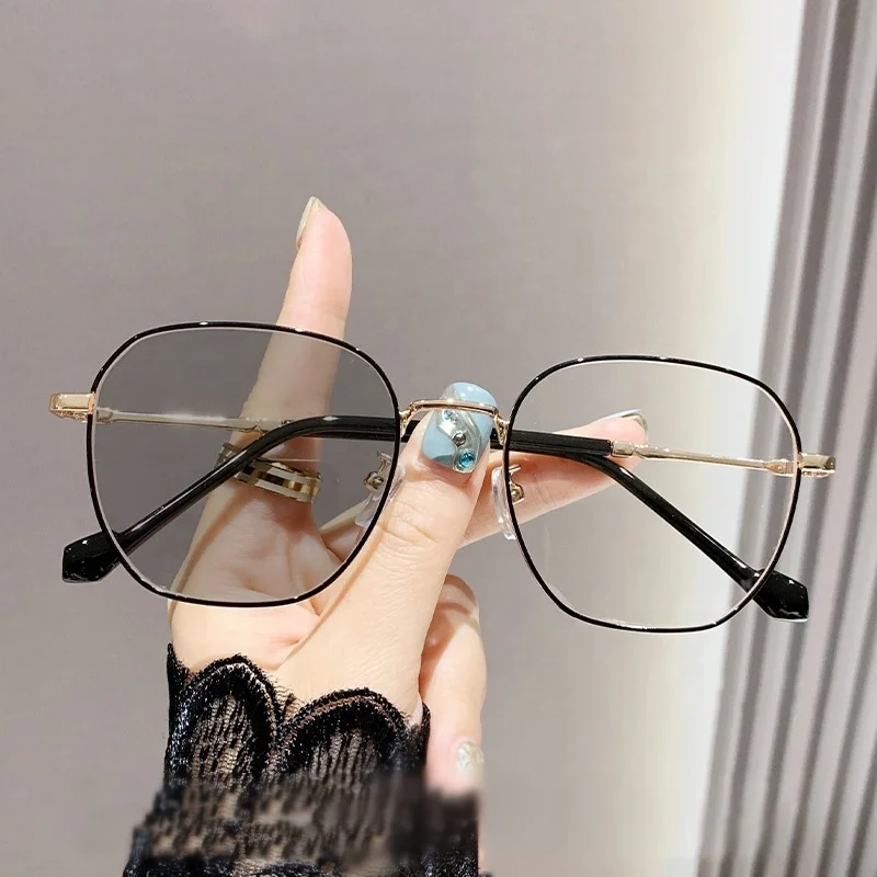 anti blue light girls optical 2024 transition lenses black gold big square metal photogrey women  photochromic computer glasses