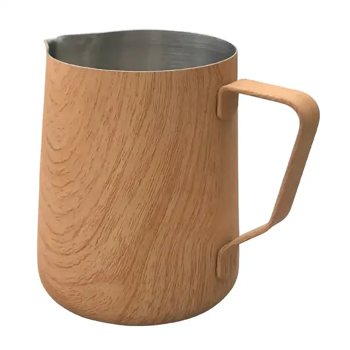 Hot Sale Milk Foaming Pitcher Stainless Steel Wood Grain Coffee Retro Classic Floral Cup Pointed Stainless Steel Milk Vat