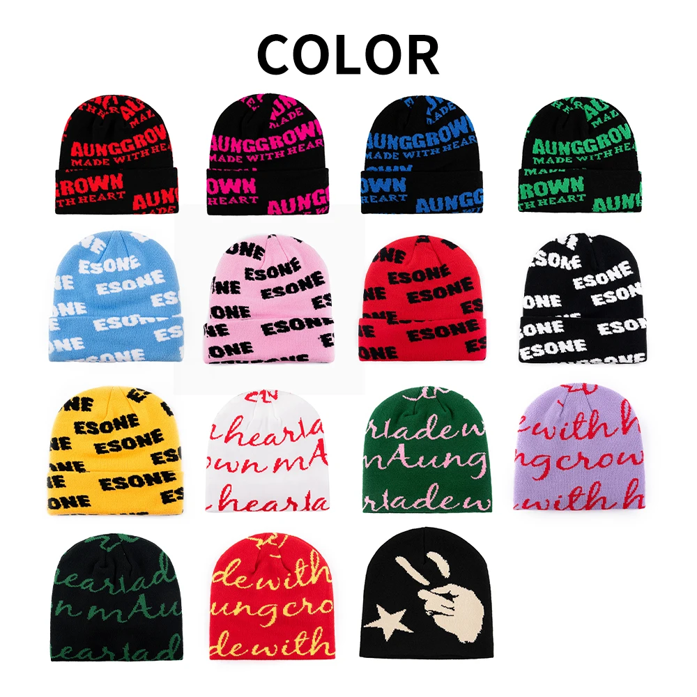 Custom Winter Knitted Hat Logo Printed Jacquard Beanies All Over Logo Knitted Jacquard Winter Skull Beanies