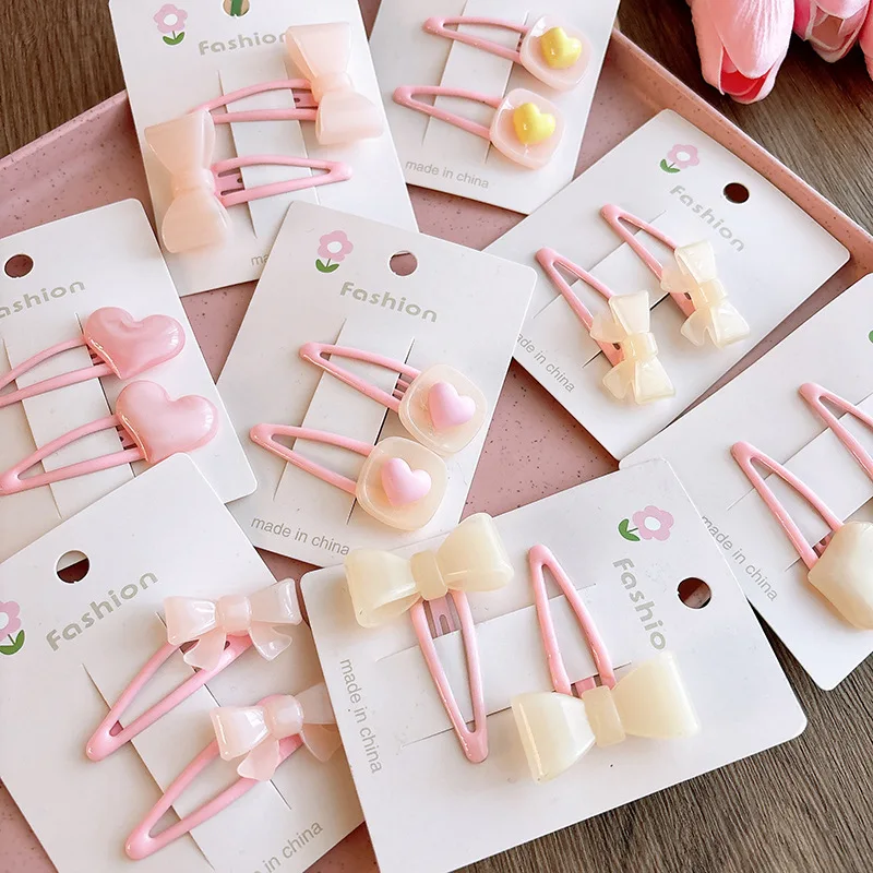 2024 New 2pcs/set Spring New Sweet Pink Bow BB Hair Clips with Pink Rice Solid Color Hair Clips Hair Accessories for Baby Girls