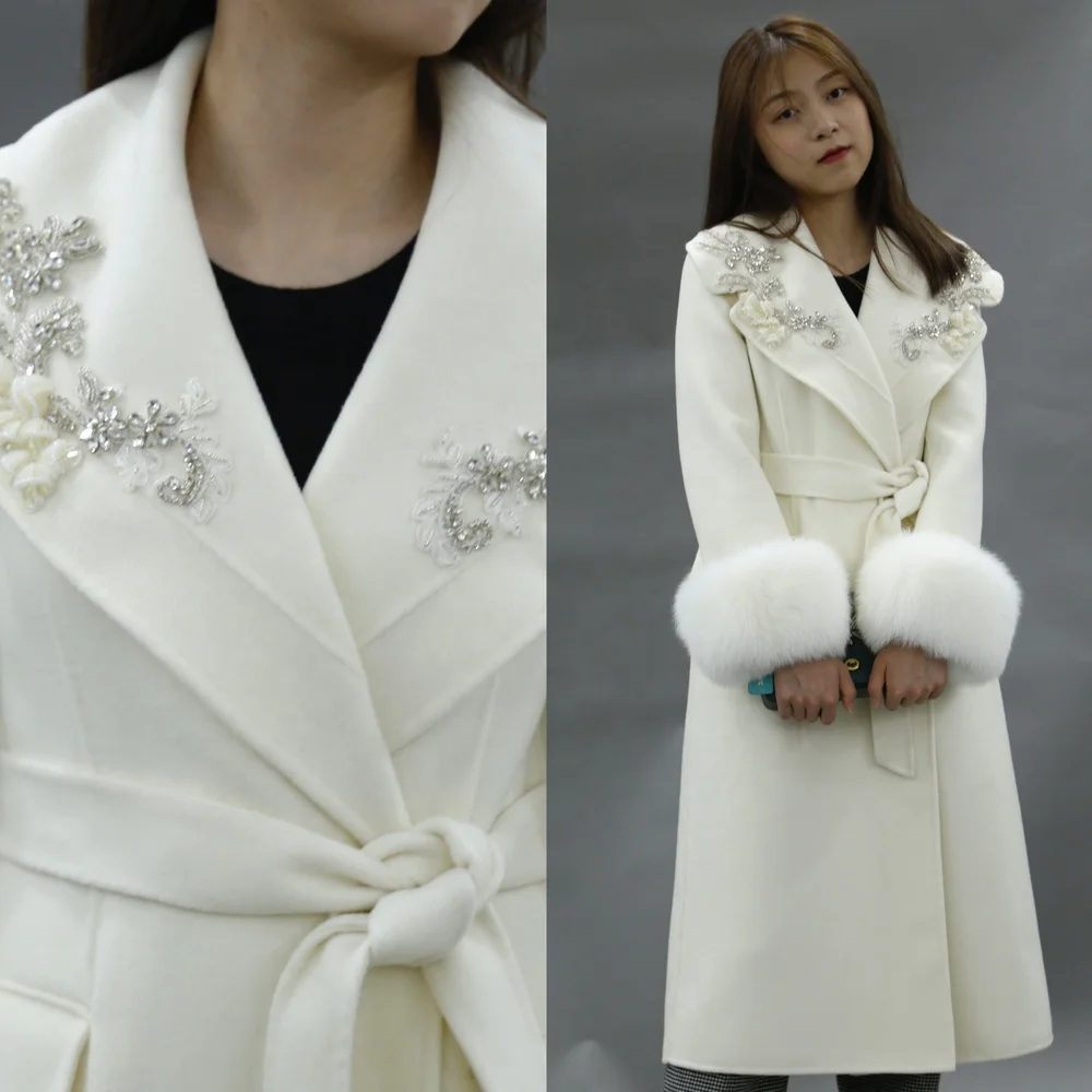 New Design High Quality Luxury Long Solid Color Woven Beading Applique Wool Cashmere Belted Coat With Real Fur Cuffs For Ladies
