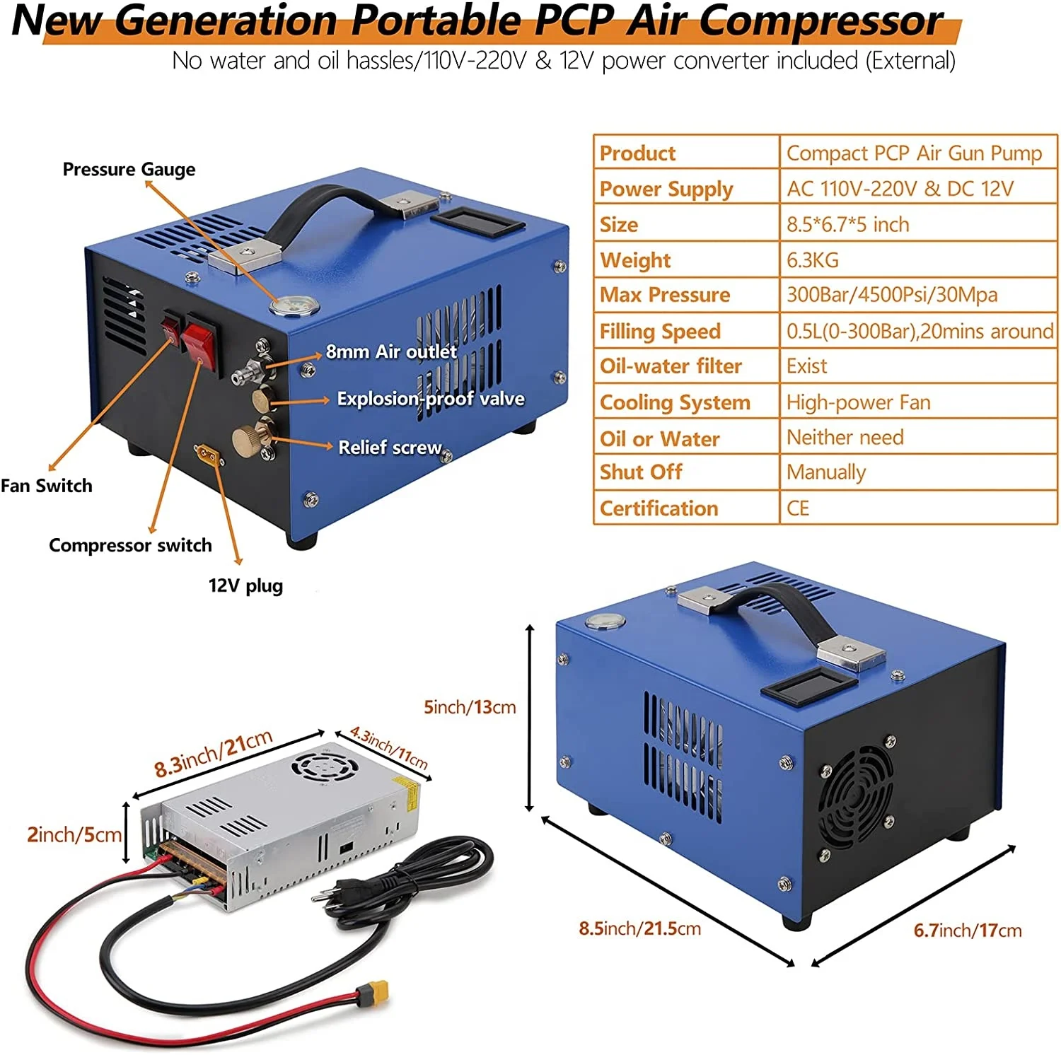 Pcp compressor small portable led display small filter high pressure automobile compressor 12v dc 300bar pcp pump