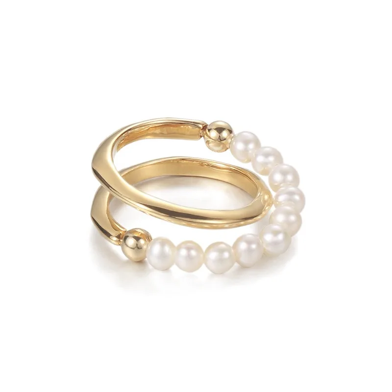 European Adjustable Pearl Ring Real Pearl Line Cross Ring Female Lady Style Gentle Design Stacking Jewelry Korean Metal Bulk