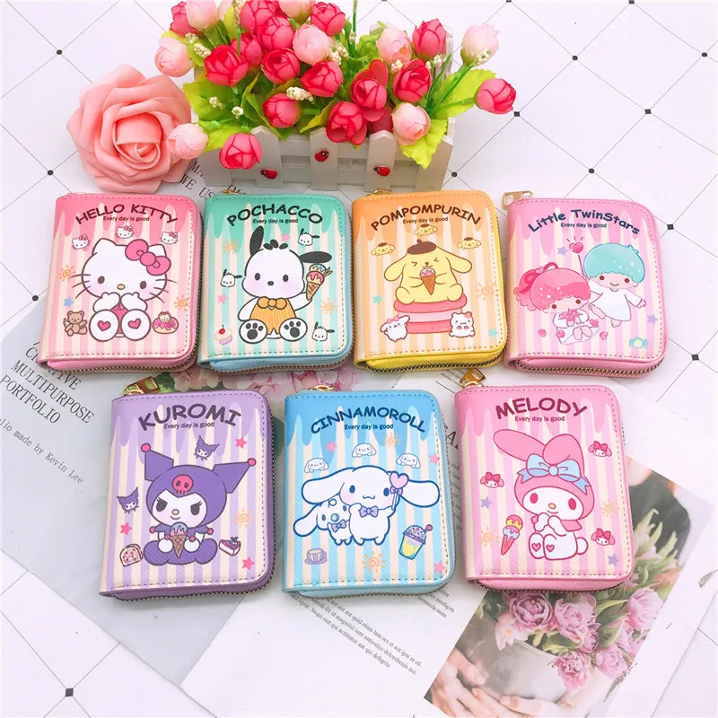 New Design Cartoon Lovely Kuromi Melody Pochacco Kitty Cinnamoroll PU Leather Coin Purse Card Holder Zipper Wallet For Women Kid
