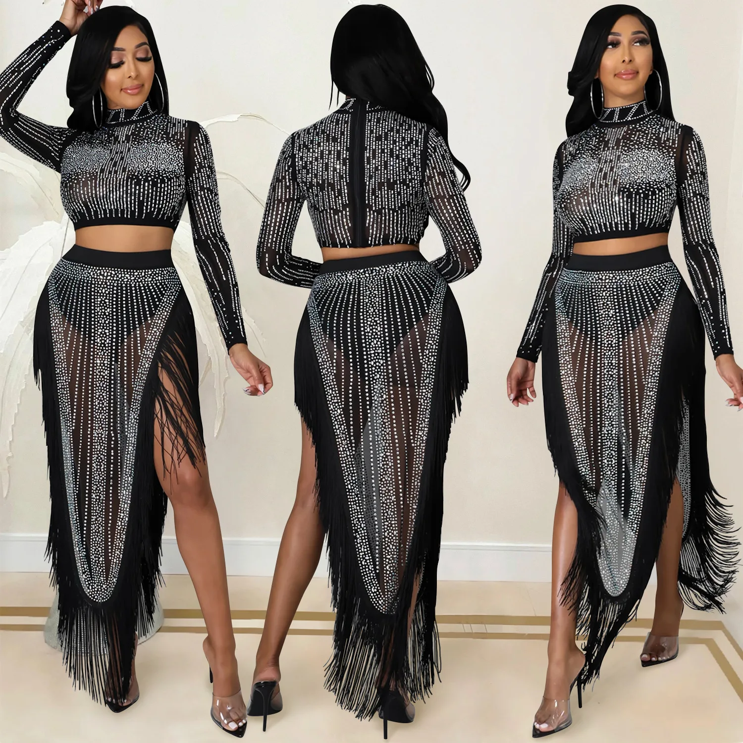 JST Fashion New Sexy Elegant Diamond Mesh Perspective Long Sleeved Split Womens Long Dress Two Piece Set