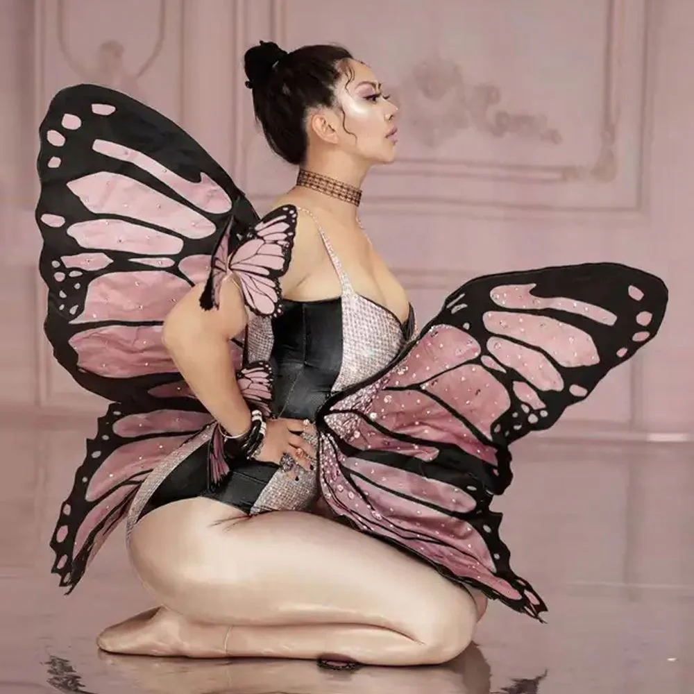 Women Pink Butterfly Wings Rhinestone Bodysuit Sexy Dance Costume Leotards Club Showgirl Stage Performance Wear