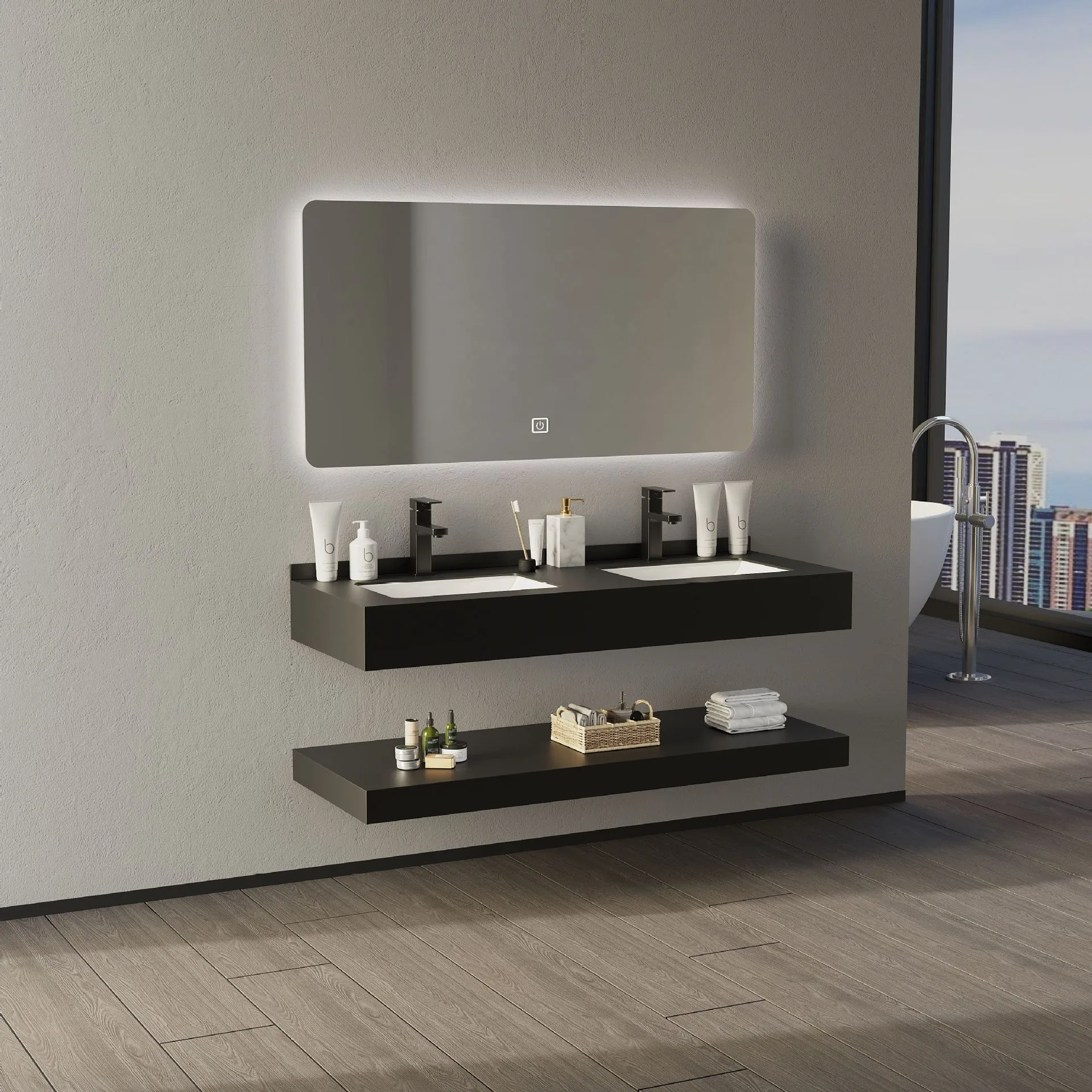 Wall Mounting Solid Surface Ceramic Double Layer Hand Wash Basin Trough Style Bathroom Sink For Bathroom Luxury