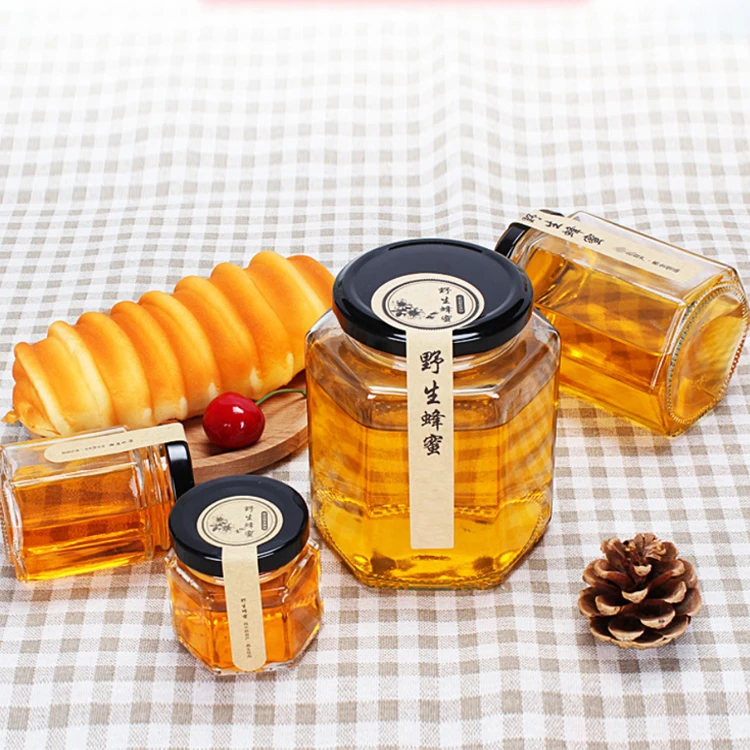  Wholesale Custom Size Logo & Style Hexagonal Glass Honey Jar With