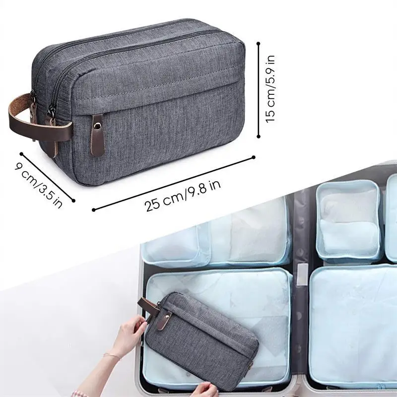 Custom LOGO waterproof nylon double layer large capacity mens dopp kit toiletry bag travel for men with leather handle