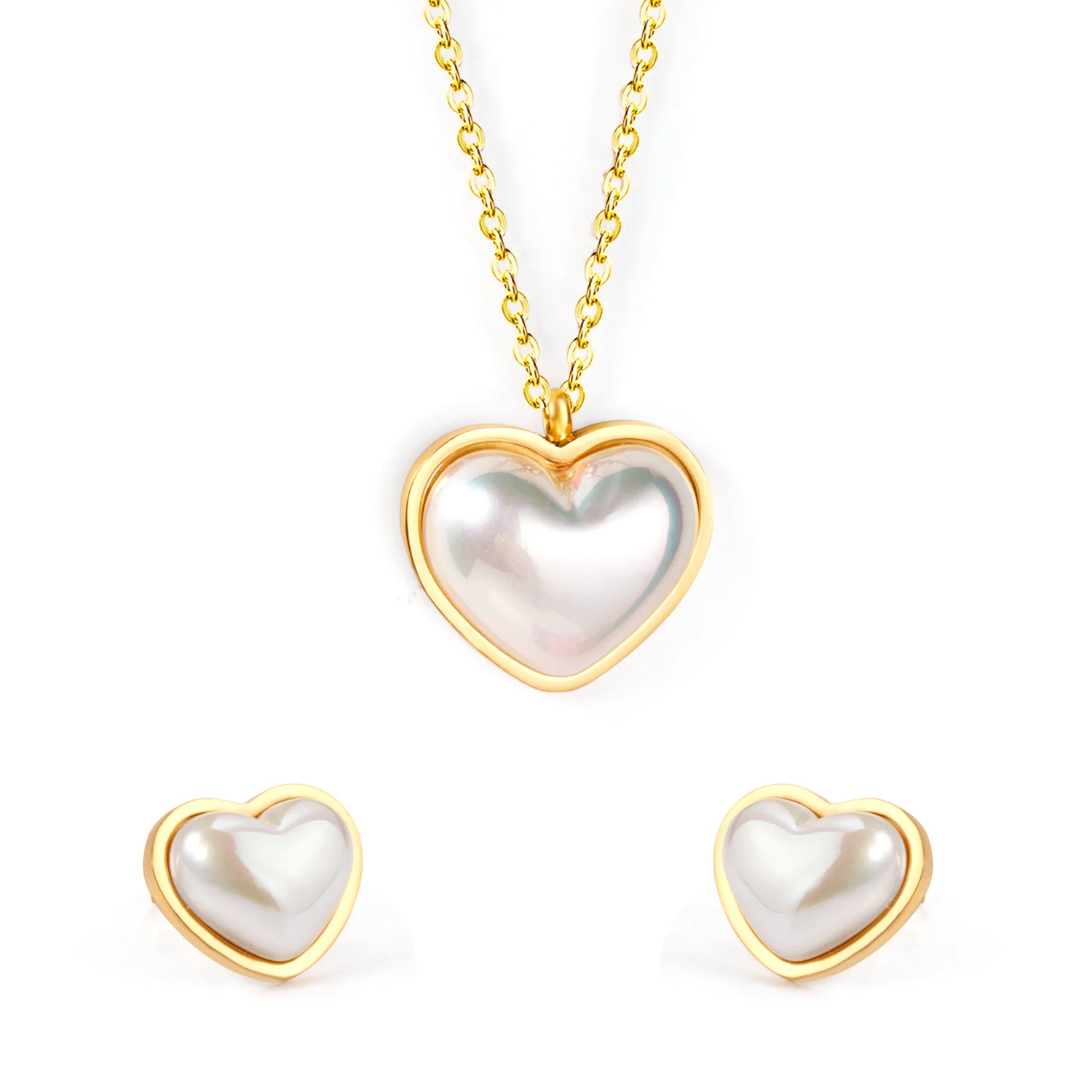 Special Design Stainless Steel 18k Heart Gold Plated Jewelry Necklace Pearl Pendant and Earring Jewellery Set