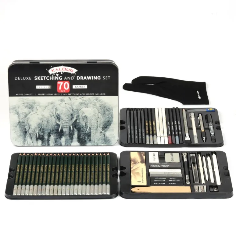 Hot Sale 70pcs Deluxe Mega Sketching Pencil set and Pencil Drawing Art Kit in Tin Box for Artists