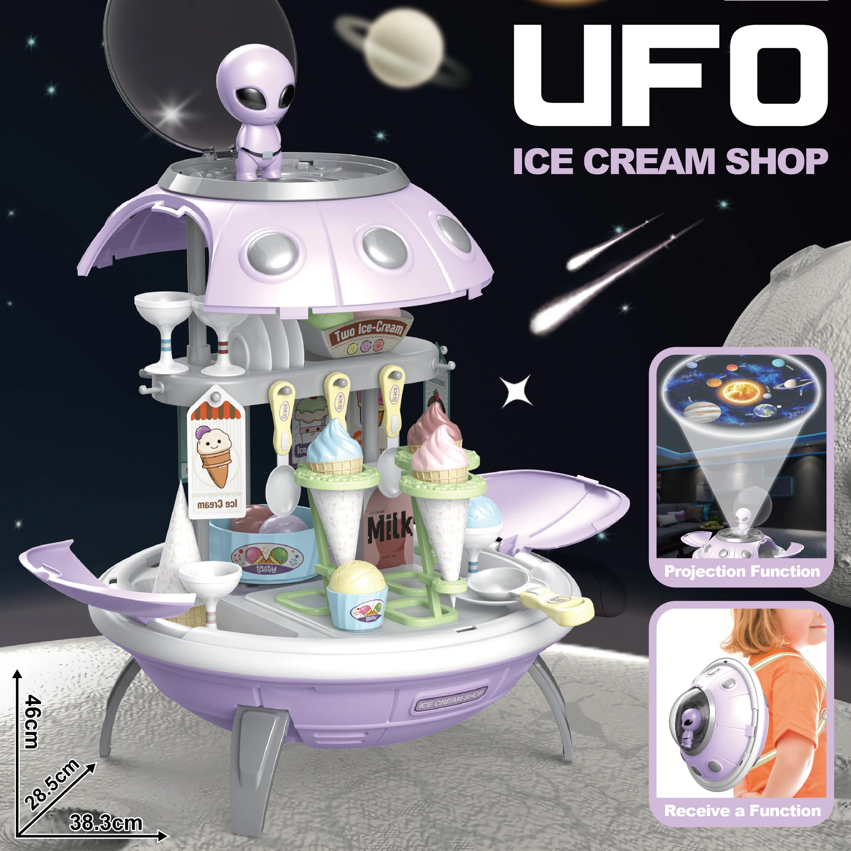 3 IN 1 UFO Pretend Play Projector Backpack Alien DIY dessert Seller Shop Game Ice Cream Pretend Play Toys