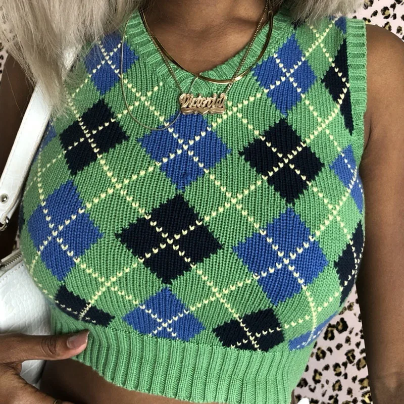 body-hugging exposed-midriff knitting sexy lozenge-shaped plaid knitting folding slim-knit undershirt sleeveless vest for women