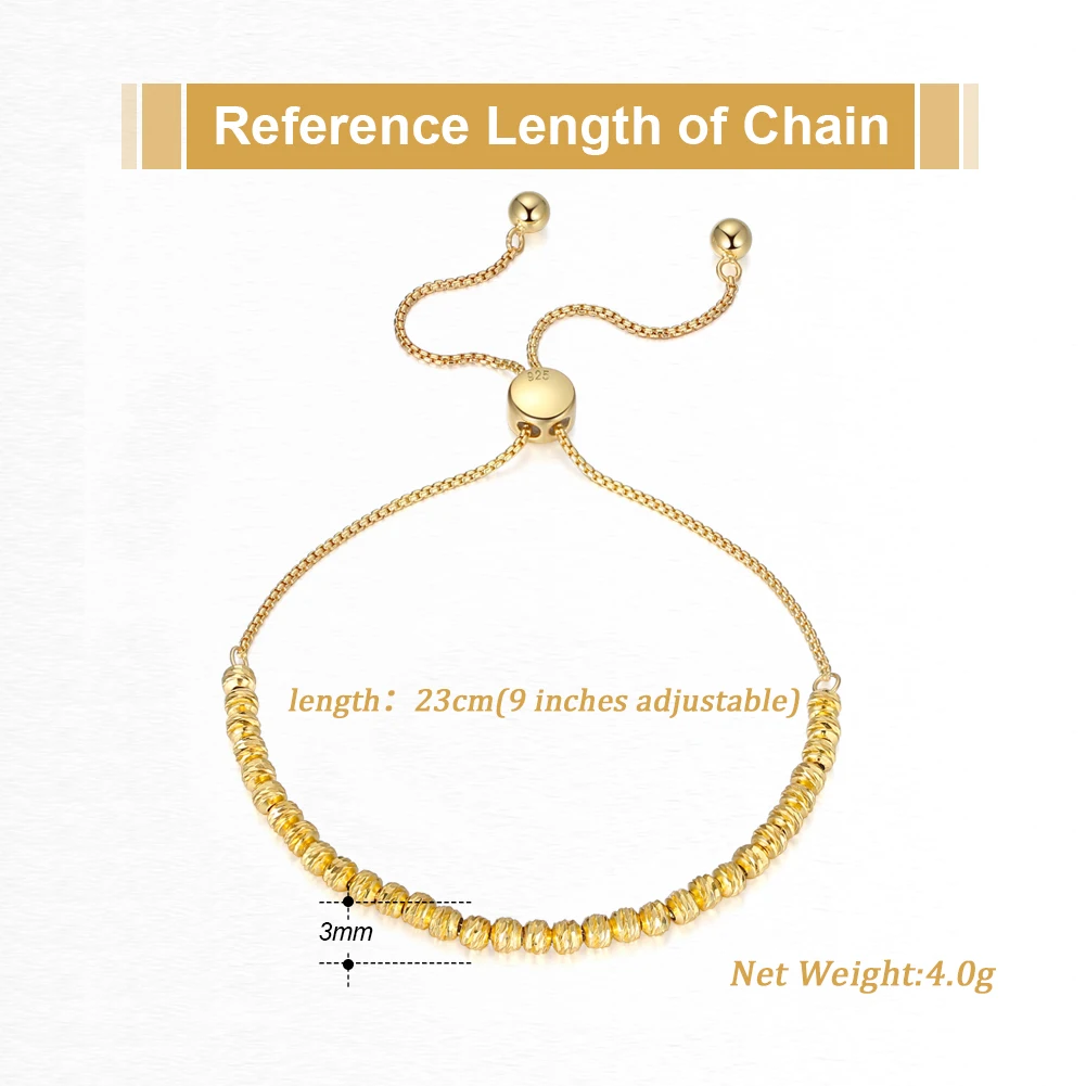 RINNTIN SB125 Handmade 925 Sterling Silver Diamond-Cut Adjustable Bolo 3mm Bead Bracelet for Women Beaded Ball Chain Bracelet