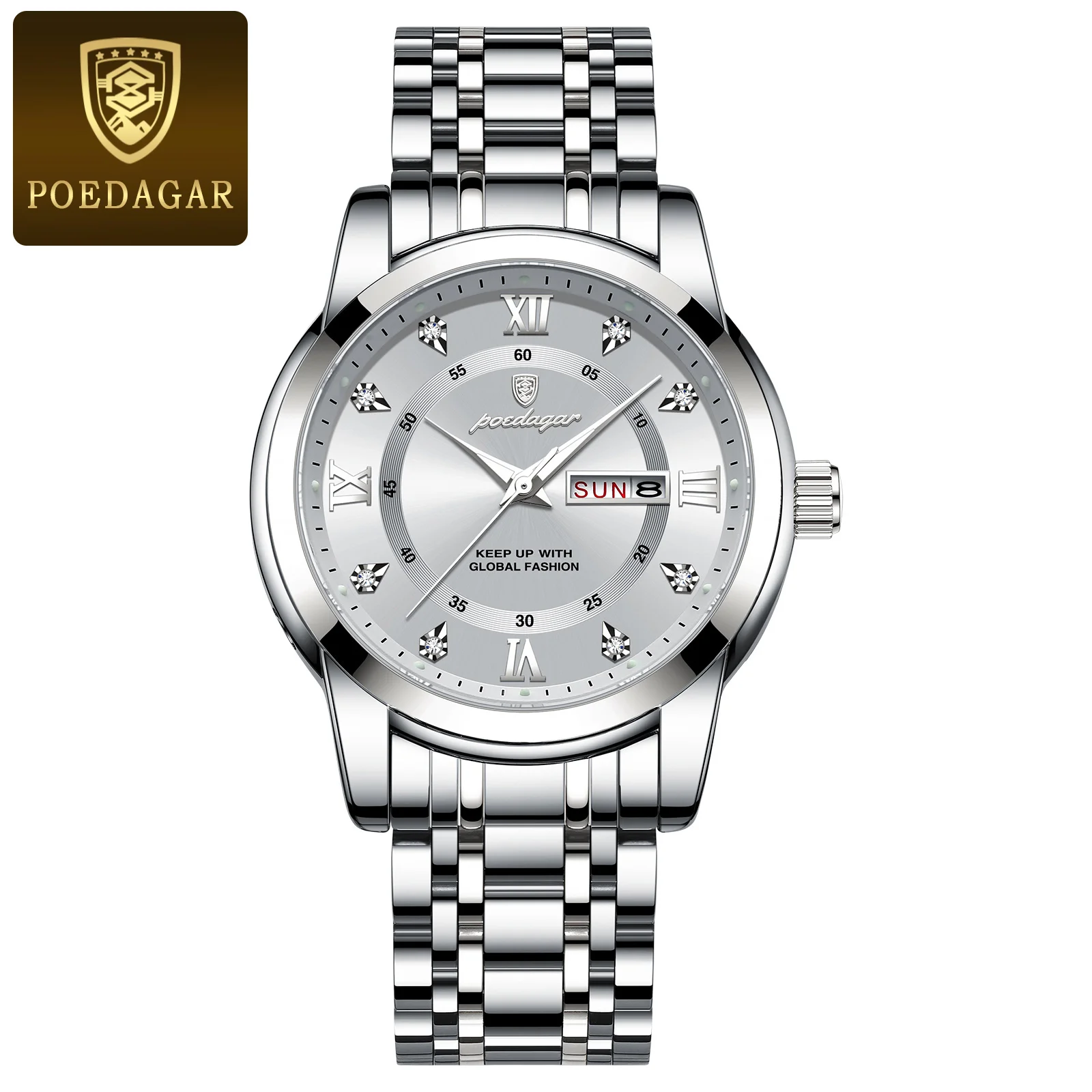 POEDAGAR 936 Fashion Casual Men Watch Waterproof Luminous Quartz Watches Stainless Steel Strap Calendar Watch for Men