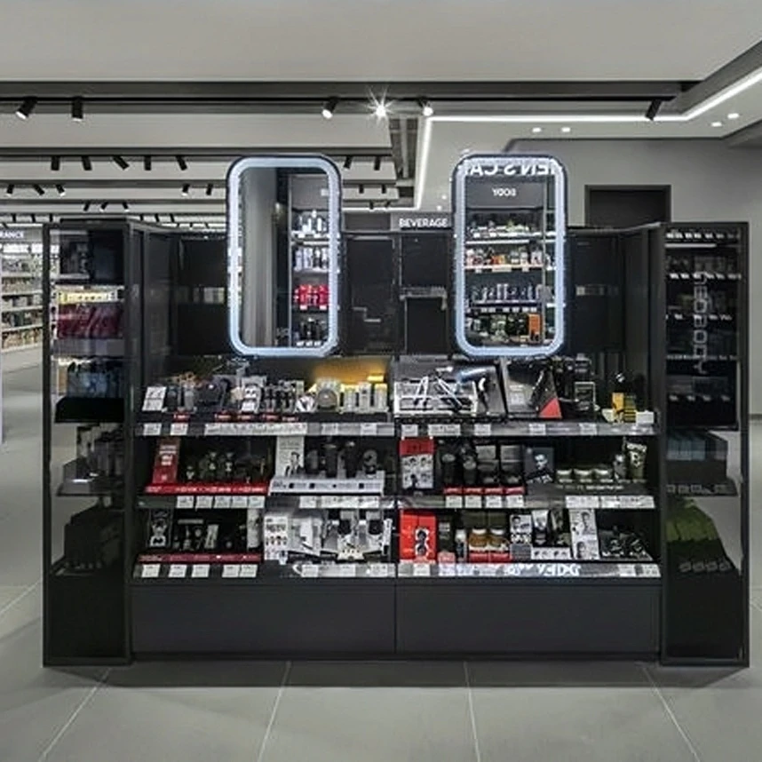 Shopping mall uses special custom made LED light acrylic cosmetic display showcase with makeup mirror