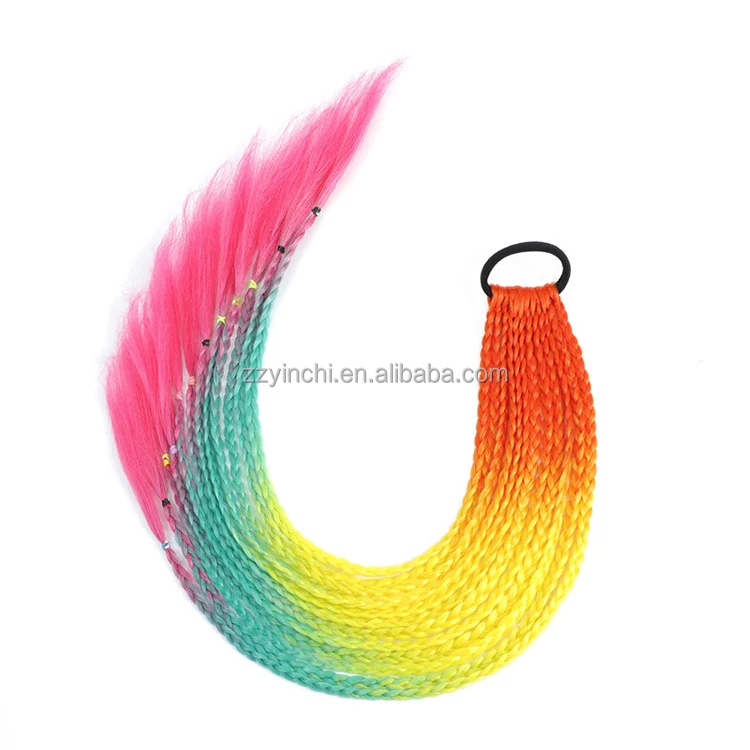 Ponytail Hair Holder Rubber Band Ring Wig 24 Inch Synthetic rainbow Braided for Kid Extensions