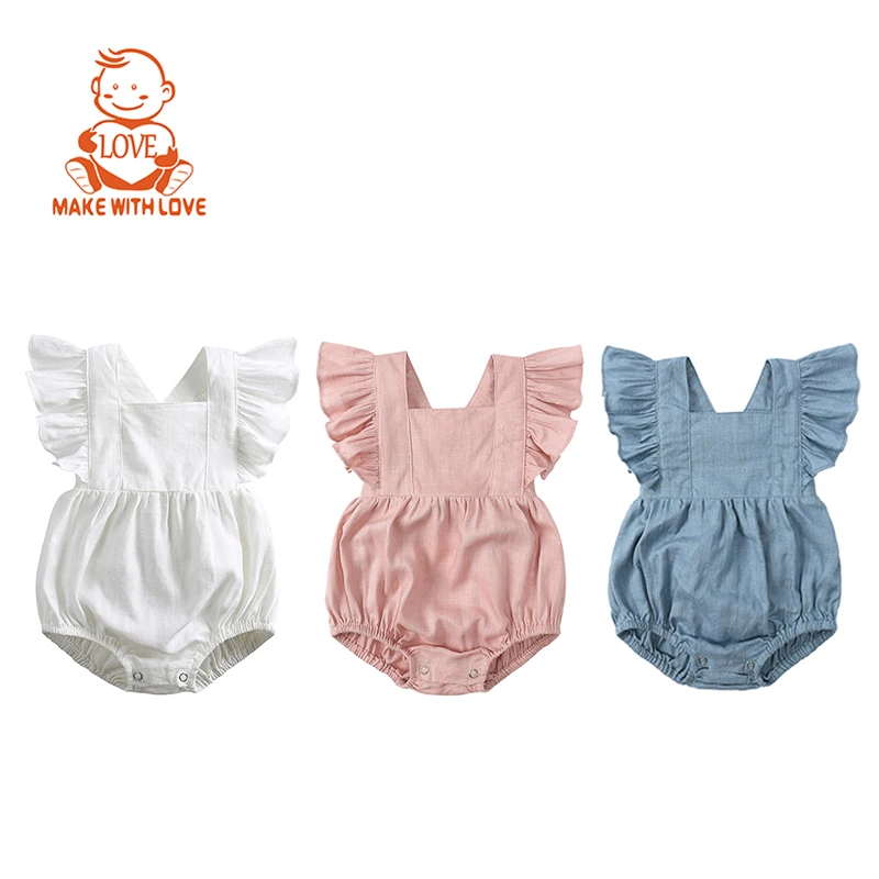 BEIBEIHAPPY Stock Available Line Cotton Baby Girl Bodysuit Ruffle Sleeve Infant Toddler Solid Color Romper
