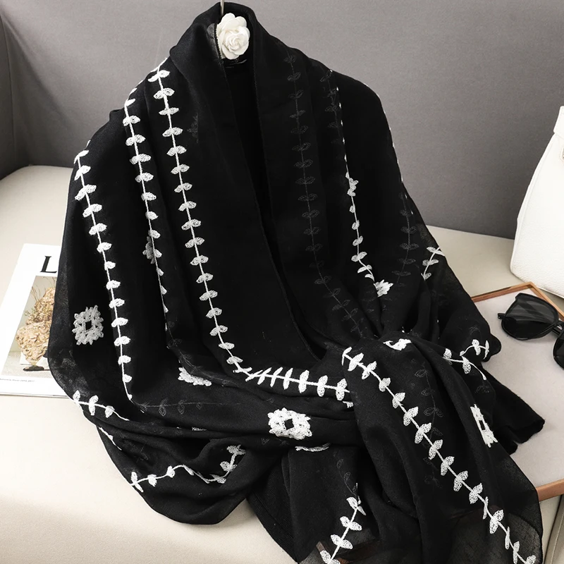 2023 New Design Embroidery Muslim Long Scarf Shawl Embroidery Designs Tudung  Cotton Hijabs