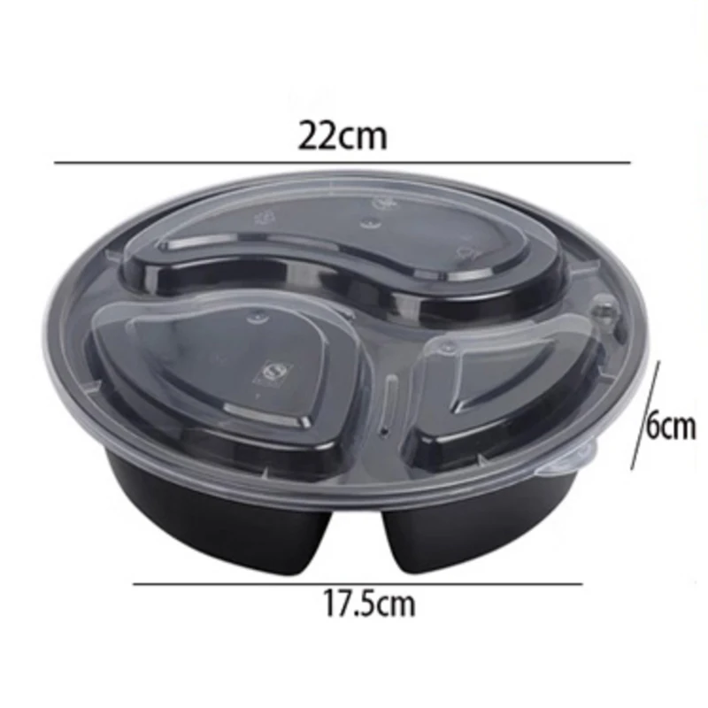Disposable Plastic Round 3 Compartment Cooked Dessert Seafood Refrigeration Lunch Fast Food Storage Box