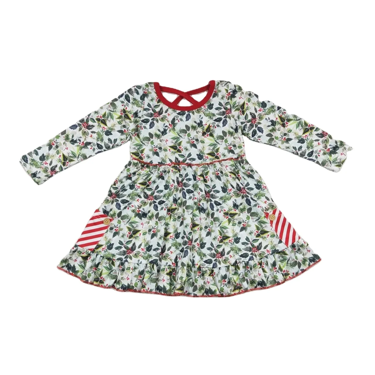 Wholesale Baby Girl Long Sleeve Pocket Twirl Dress Infant Toddler Christmas Leaves One Piece Kid Children Knee Length Nightdress